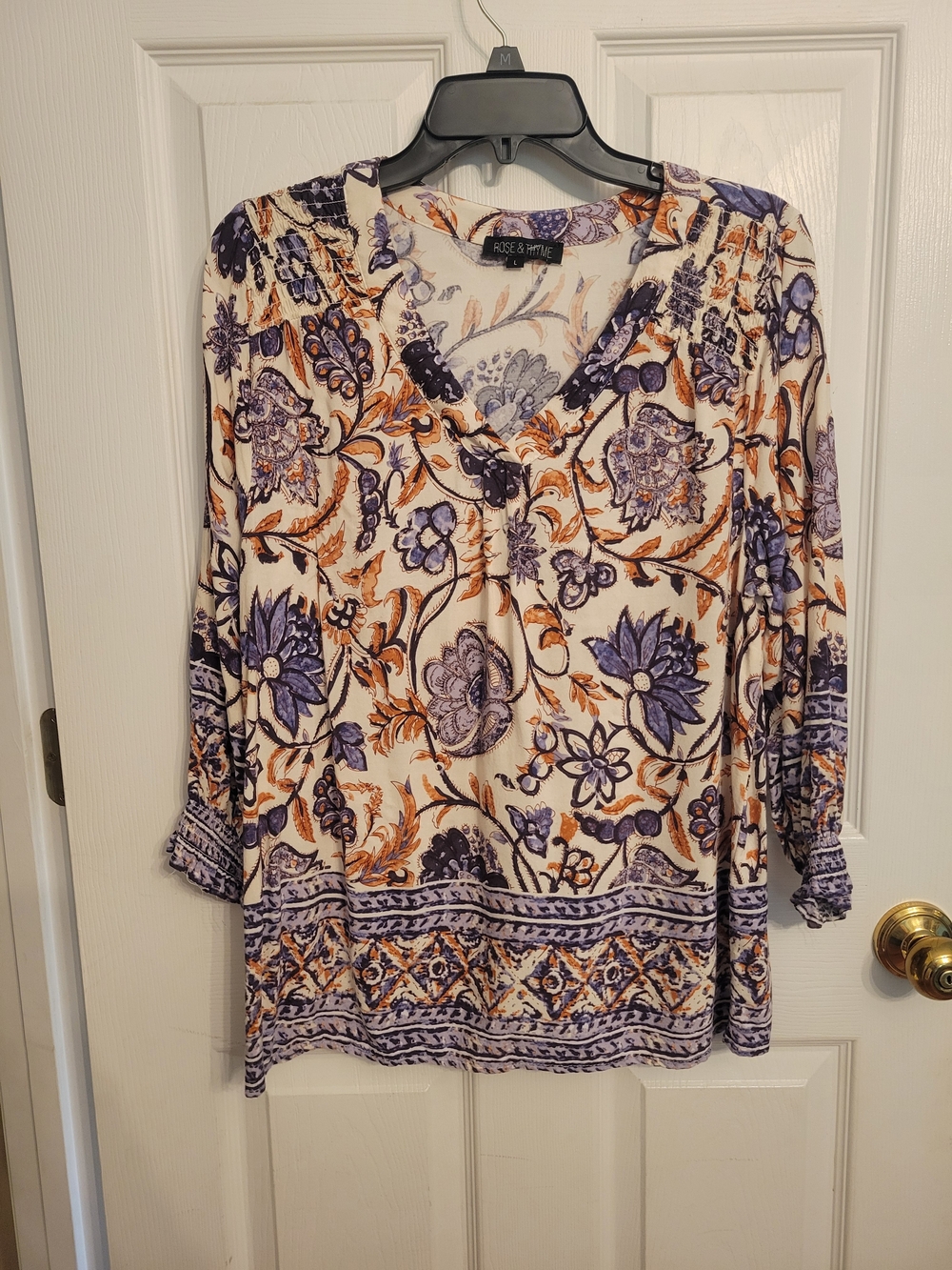 Rose & Thistle Cream Floral V-Neck Tunic with Purple & Orange Print